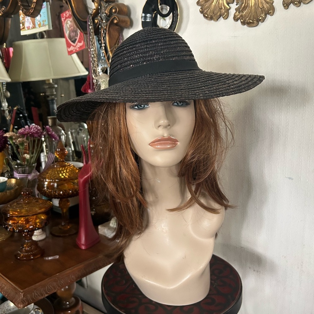 Vintage Black/Brown Straw Wide Brim Derby Hat - Picture 10 of 16